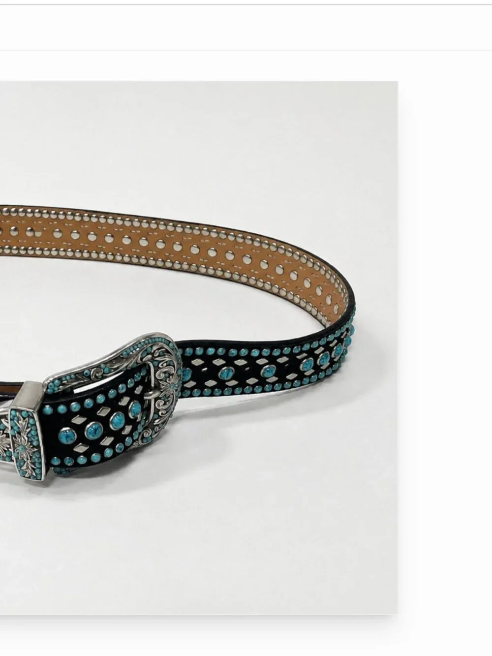 Nocona Black Leather Western Belt Large Turquoise Beaded Studded Floral Buckle